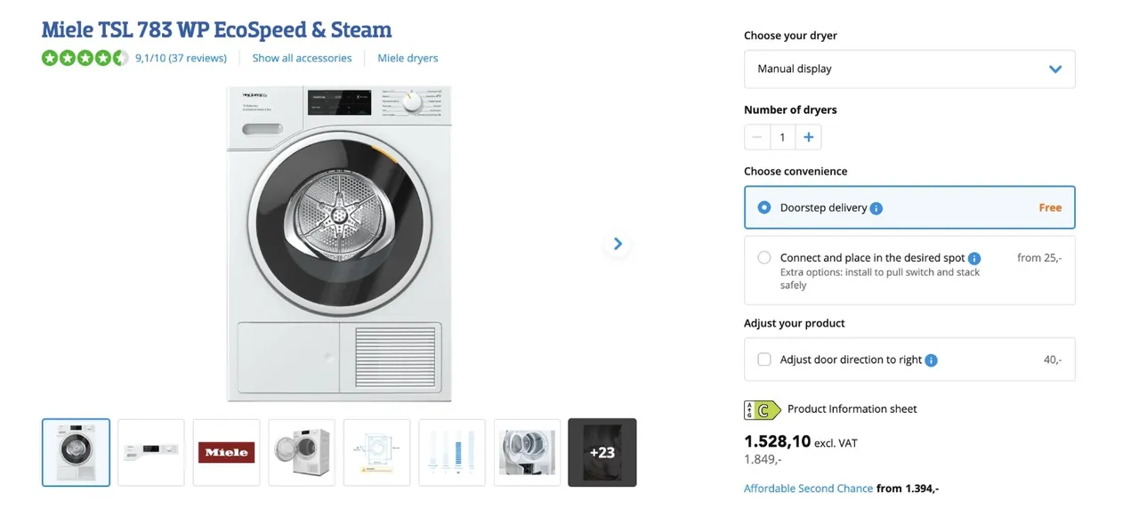 Сушилка Miele TSL 783 WP EcoSpeed & Steam — 850€