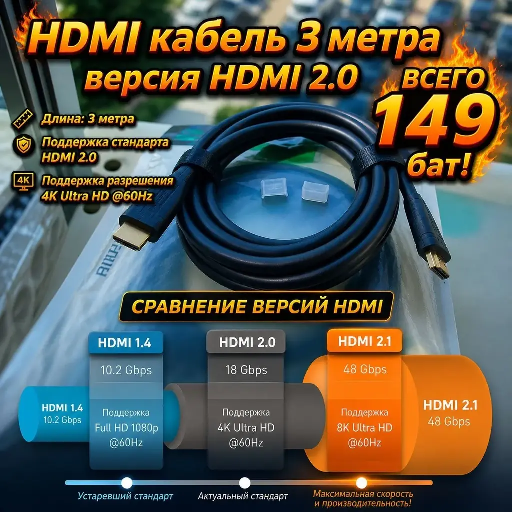 Продаю длинный HDMI кабель 3 метра (HDMI 2.0)