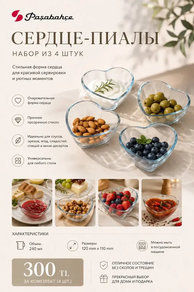 ❤️ Продаю стеклянные пиалы Paşabahçe — 4 шт.