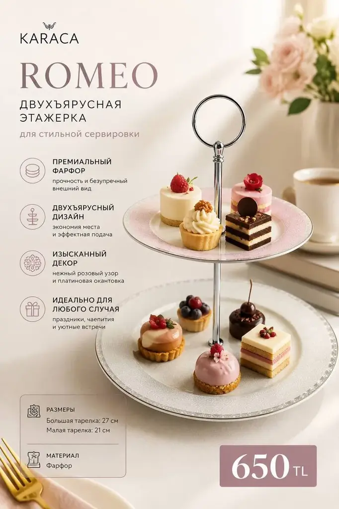 🌸 Karaca коллекция Romeo — двухъярусная фарфоровая этажерка для десертов